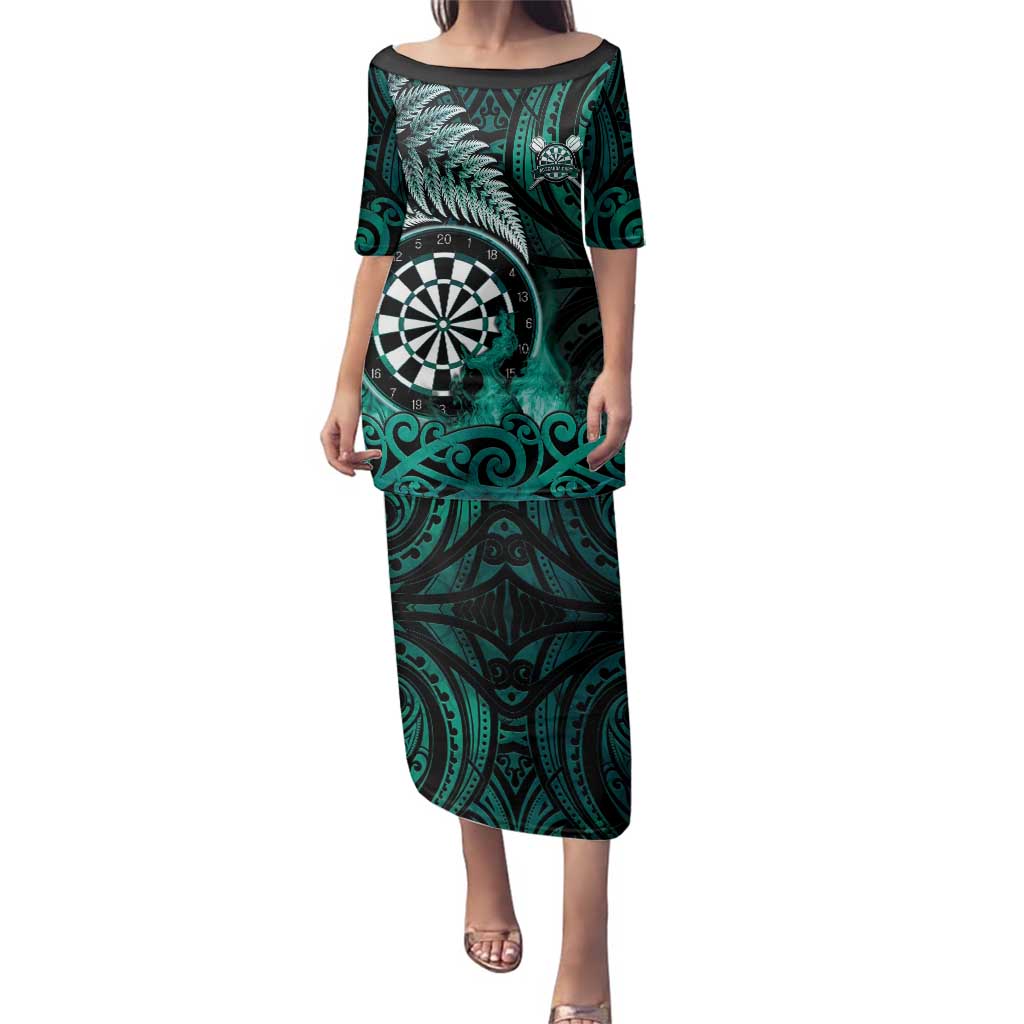 Personalised New Zealand Darts Family Matching Puletasi and Hawaiian Shirt Maori Koru Dartboard Turquoise Flame