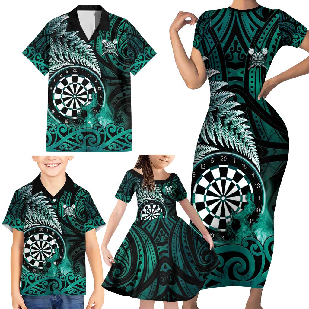 Personalised New Zealand Darts Family Matching Short Sleeve Bodycon Dress and Hawaiian Shirt Maori Koru Dartboard Turquoise Flame