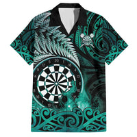 Personalised New Zealand Darts Family Matching Short Sleeve Bodycon Dress and Hawaiian Shirt Maori Koru Dartboard Turquoise Flame