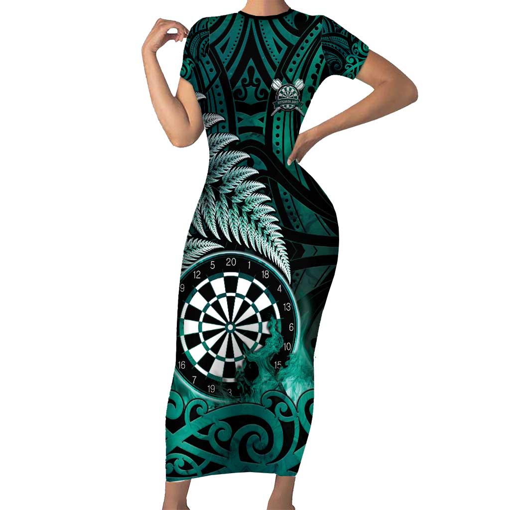 Personalised New Zealand Darts Family Matching Short Sleeve Bodycon Dress and Hawaiian Shirt Maori Koru Dartboard Turquoise Flame