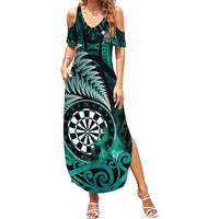 Personalised New Zealand Darts Family Matching Summer Maxi Dress and Hawaiian Shirt Maori Koru Dartboard Turquoise Flame
