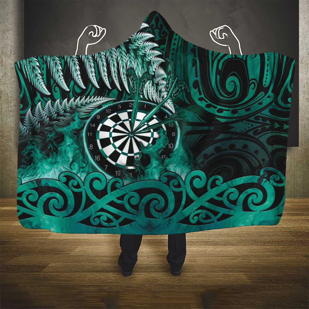 New Zealand Darts Hooded Blanket Maori Koru Dartboard Turquoise Flame