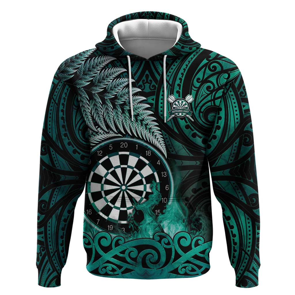 Personalised New Zealand Darts Hoodie Maori Koru Dartboard Turquoise Flame