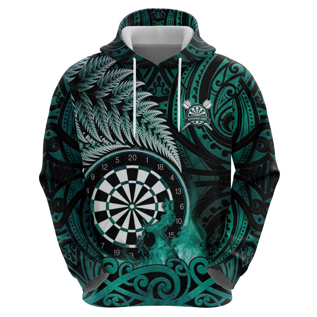 Personalised New Zealand Darts Hoodie Maori Koru Dartboard Turquoise Flame