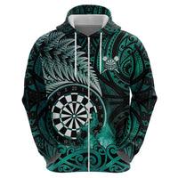 Personalised New Zealand Darts Hoodie Maori Koru Dartboard Turquoise Flame