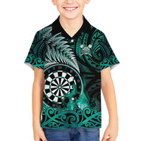 Personalised New Zealand Darts Kid Hawaiian Shirt Maori Koru Dartboard Turquoise Flame