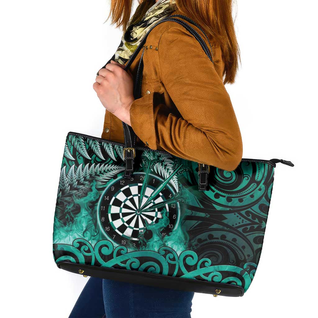New Zealand Darts Leather Tote Bag Maori Koru Dartboard Turquoise Flame