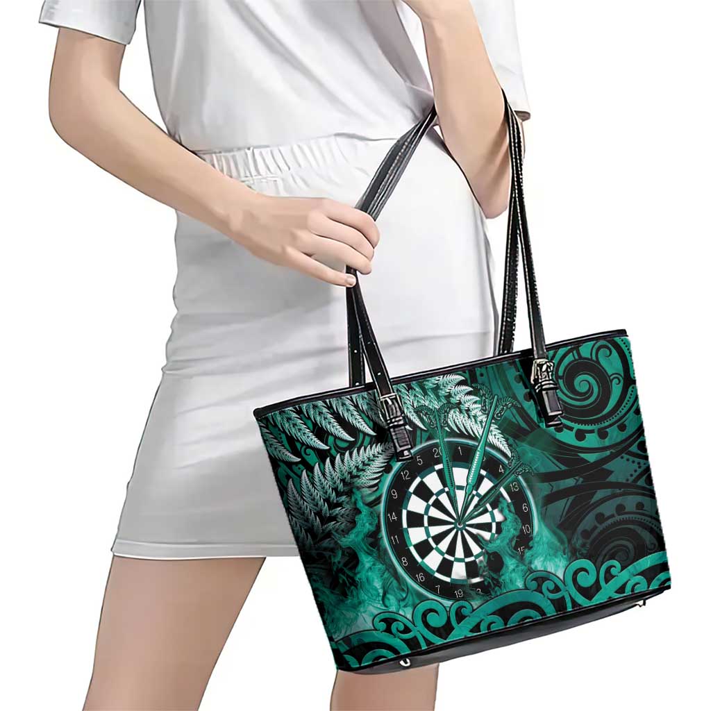 New Zealand Darts Leather Tote Bag Maori Koru Dartboard Turquoise Flame