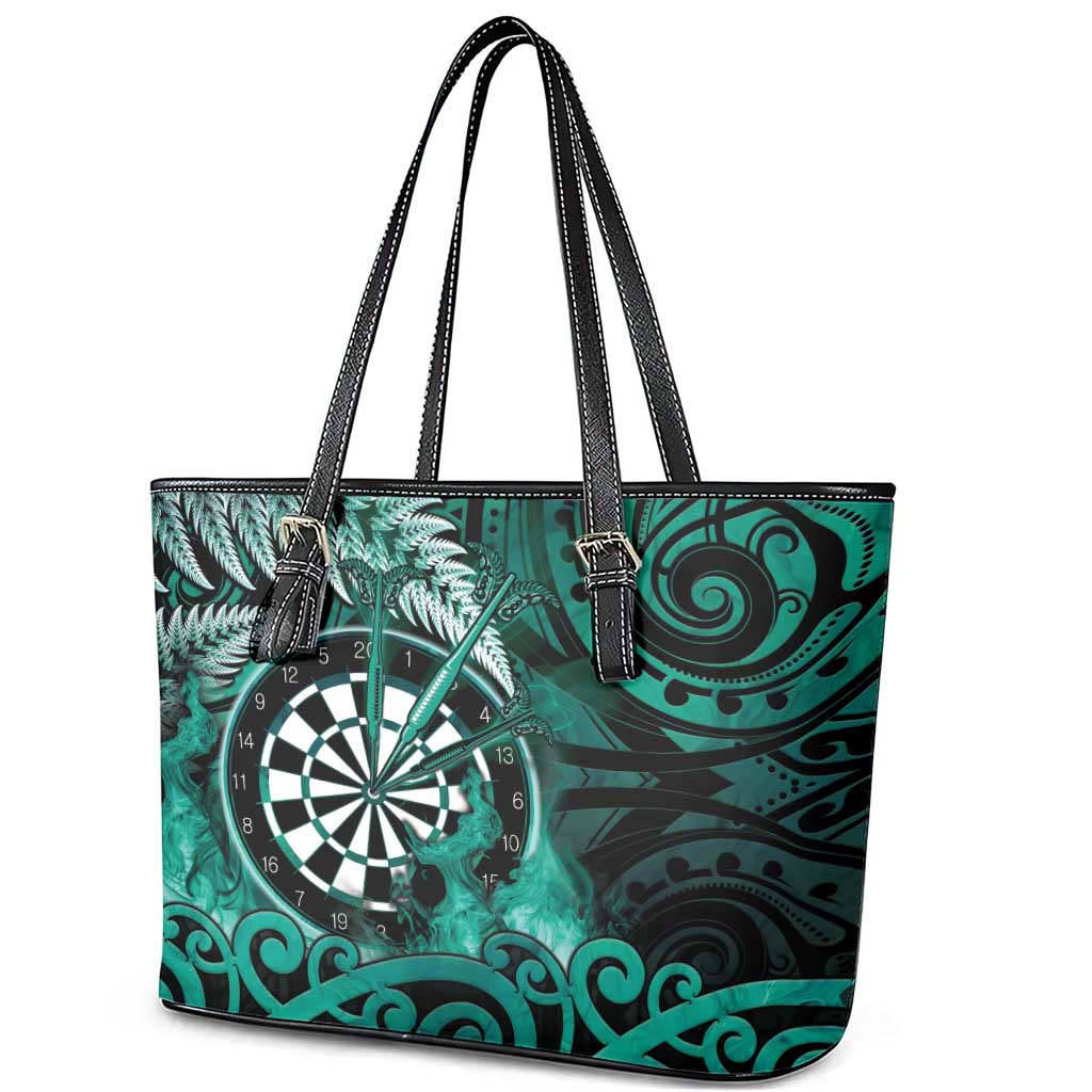 New Zealand Darts Leather Tote Bag Maori Koru Dartboard Turquoise Flame