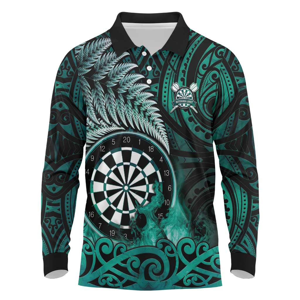 Personalised New Zealand Darts Long Sleeve Polo Shirt Maori Koru Dartboard Turquoise Flame