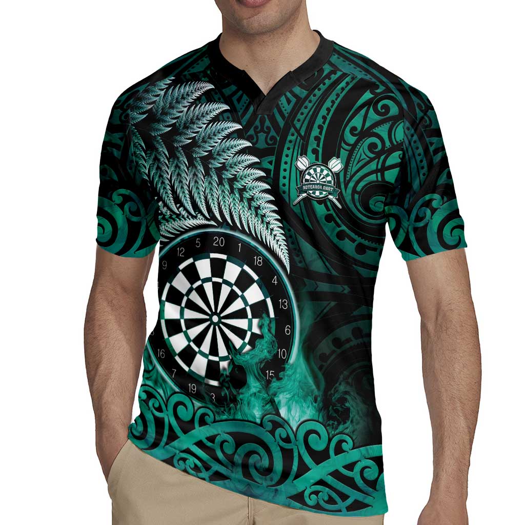 Personalised New Zealand Darts Rugby Jersey Maori Koru Dartboard Turquoise Flame