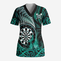 Personalised New Zealand Darts Scrub Top Maori Koru Dartboard Turquoise Flame - Polynesian Pride