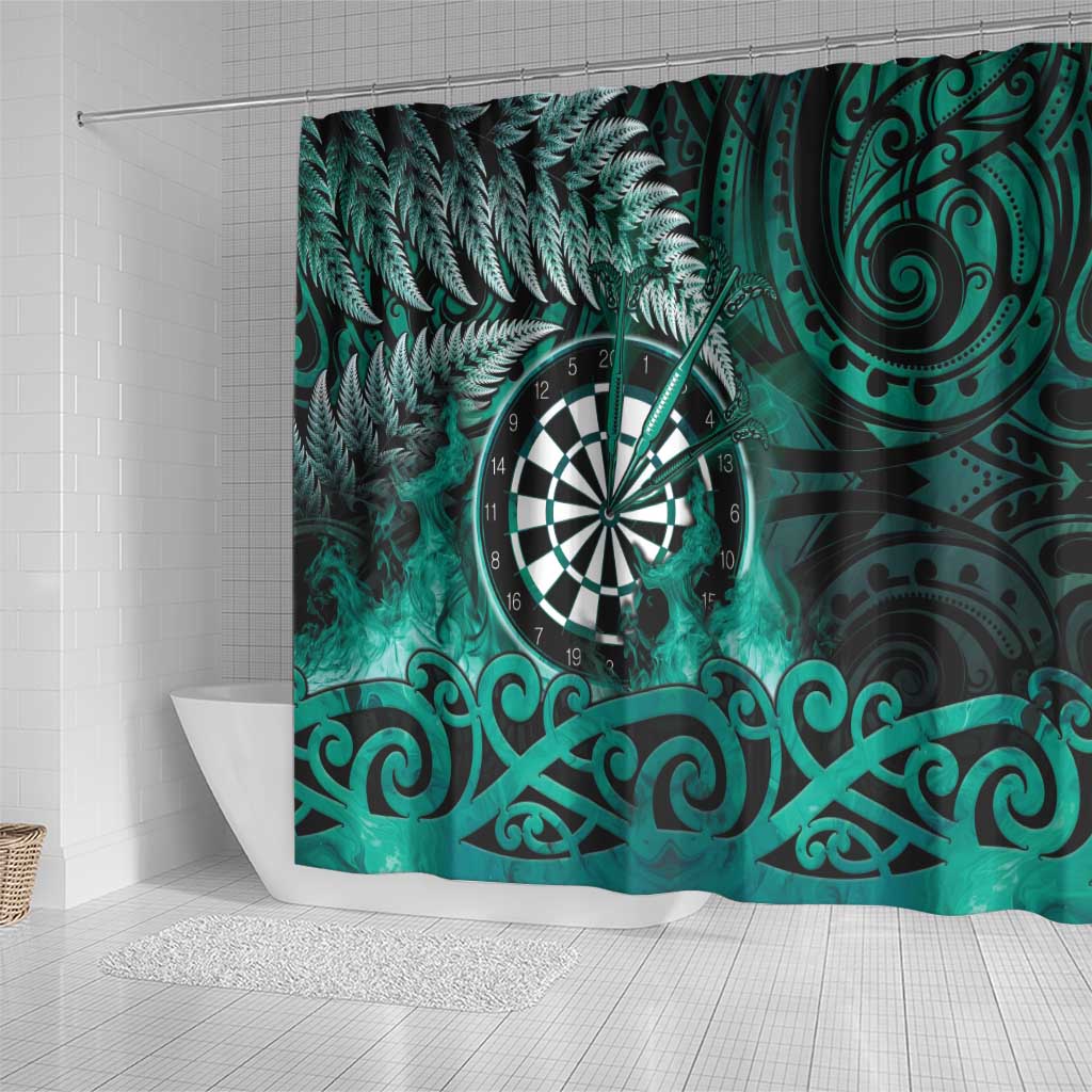 New Zealand Darts Shower Curtain Maori Koru Dartboard Turquoise Flame