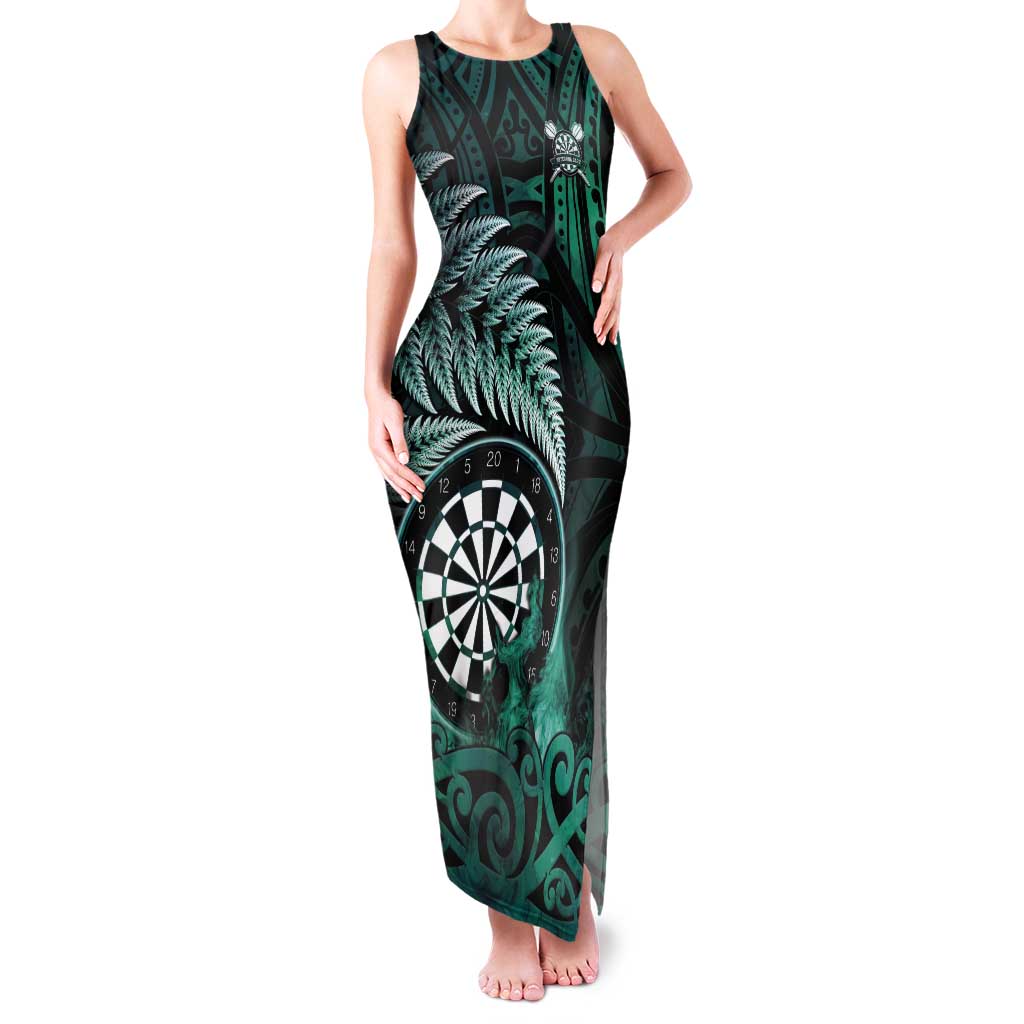 Personalised New Zealand Darts Tank Maxi Dress Maori Koru Dartboard Turquoise Flame