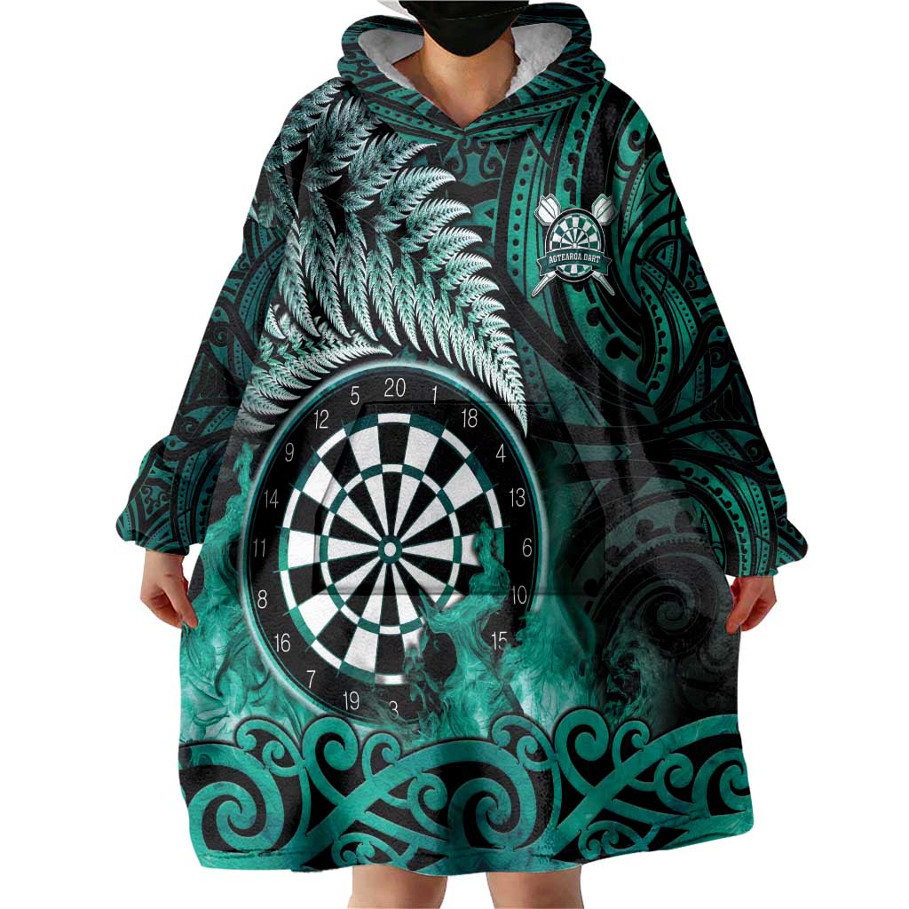 Personalised New Zealand Darts Wearable Blanket Hoodie Maori Koru Dartboard Turquoise Flame
