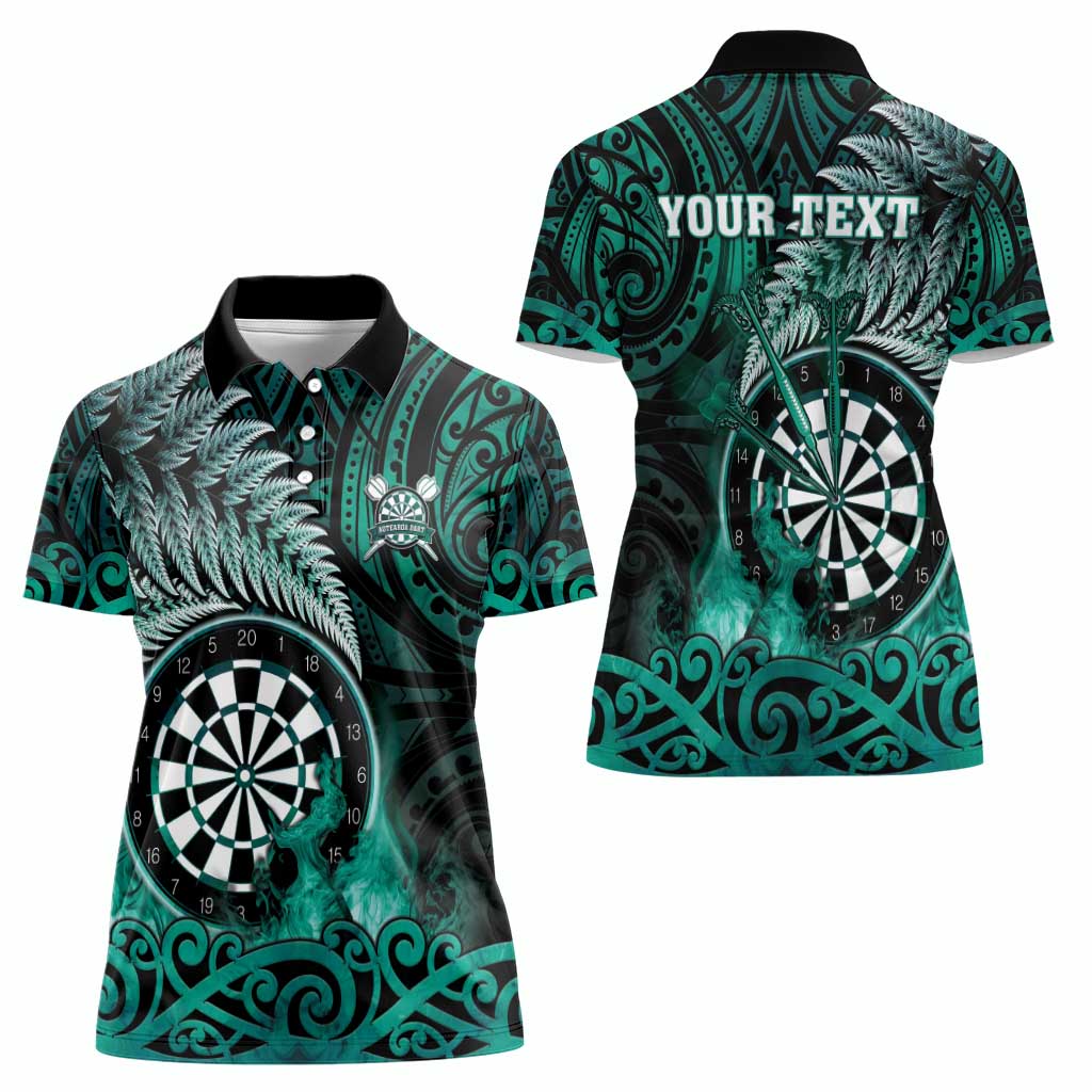Personalised New Zealand Darts Women Polo Shirt Maori Koru Dartboard Turquoise Flame