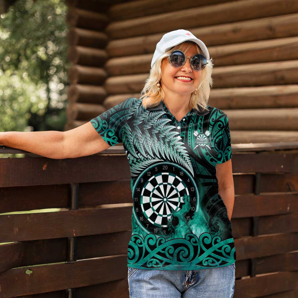 Personalised New Zealand Darts Women Polo Shirt Maori Koru Dartboard Turquoise Flame