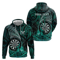 Personalised New Zealand Darts Zip Hoodie Maori Koru Dartboard Turquoise Flame