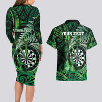 Personalised New Zealand Darts Couples Matching Long Sleeve Bodycon Dress and Hawaiian Shirt Maori Koru Dartboard Green Flame