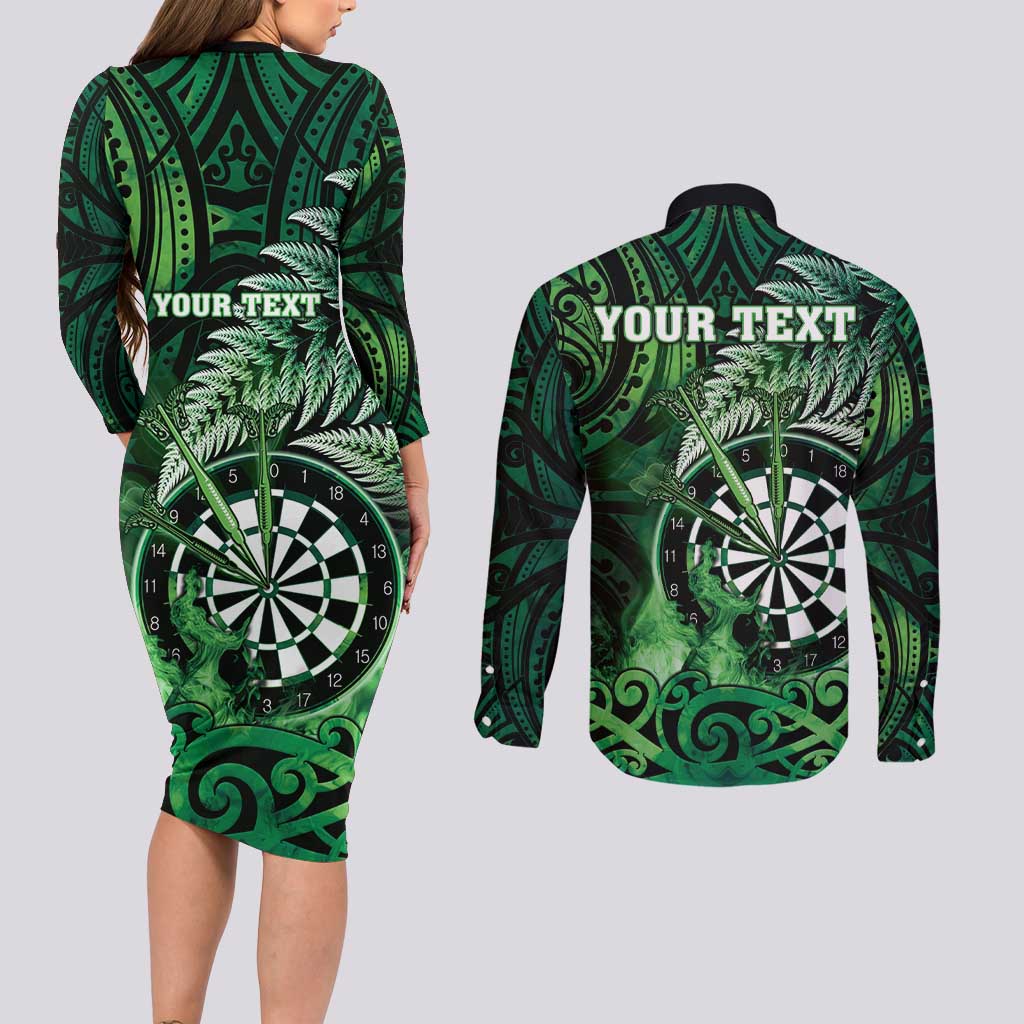 Personalised New Zealand Darts Couples Matching Long Sleeve Bodycon Dress and Long Sleeve Button Shirt Maori Koru Dartboard Green Flame