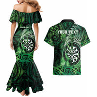 Personalised New Zealand Darts Couples Matching Mermaid Dress and Hawaiian Shirt Maori Koru Dartboard Green Flame