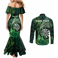 Personalised New Zealand Darts Couples Matching Mermaid Dress and Long Sleeve Button Shirt Maori Koru Dartboard Green Flame
