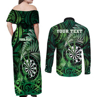 Personalised New Zealand Darts Couples Matching Off Shoulder Maxi Dress and Long Sleeve Button Shirt Maori Koru Dartboard Green Flame
