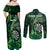 Personalised New Zealand Darts Couples Matching Off Shoulder Maxi Dress and Long Sleeve Button Shirt Maori Koru Dartboard Green Flame