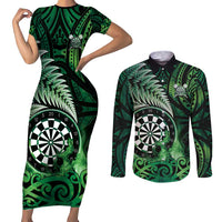 Personalised New Zealand Darts Couples Matching Short Sleeve Bodycon Dress and Long Sleeve Button Shirt Maori Koru Dartboard Green Flame
