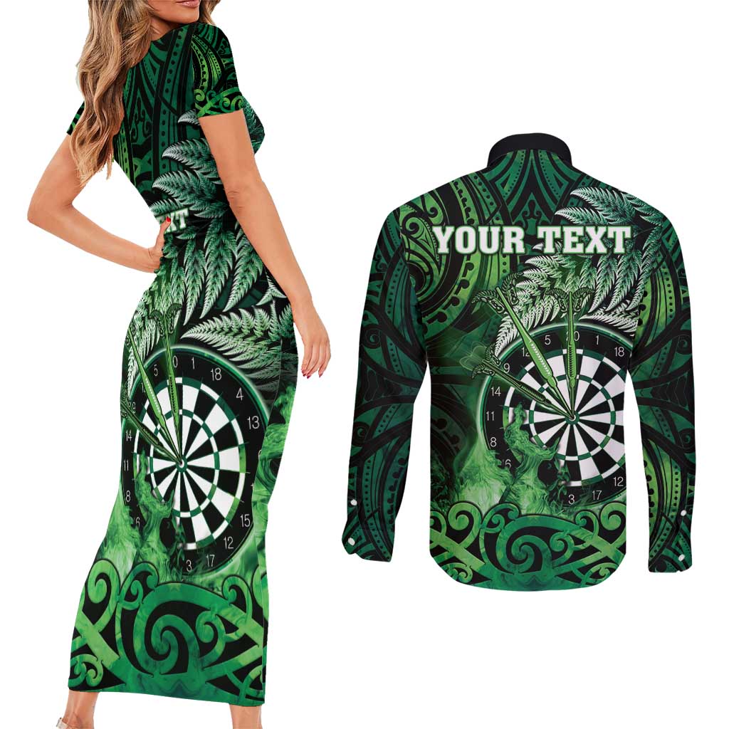 Personalised New Zealand Darts Couples Matching Short Sleeve Bodycon Dress and Long Sleeve Button Shirt Maori Koru Dartboard Green Flame