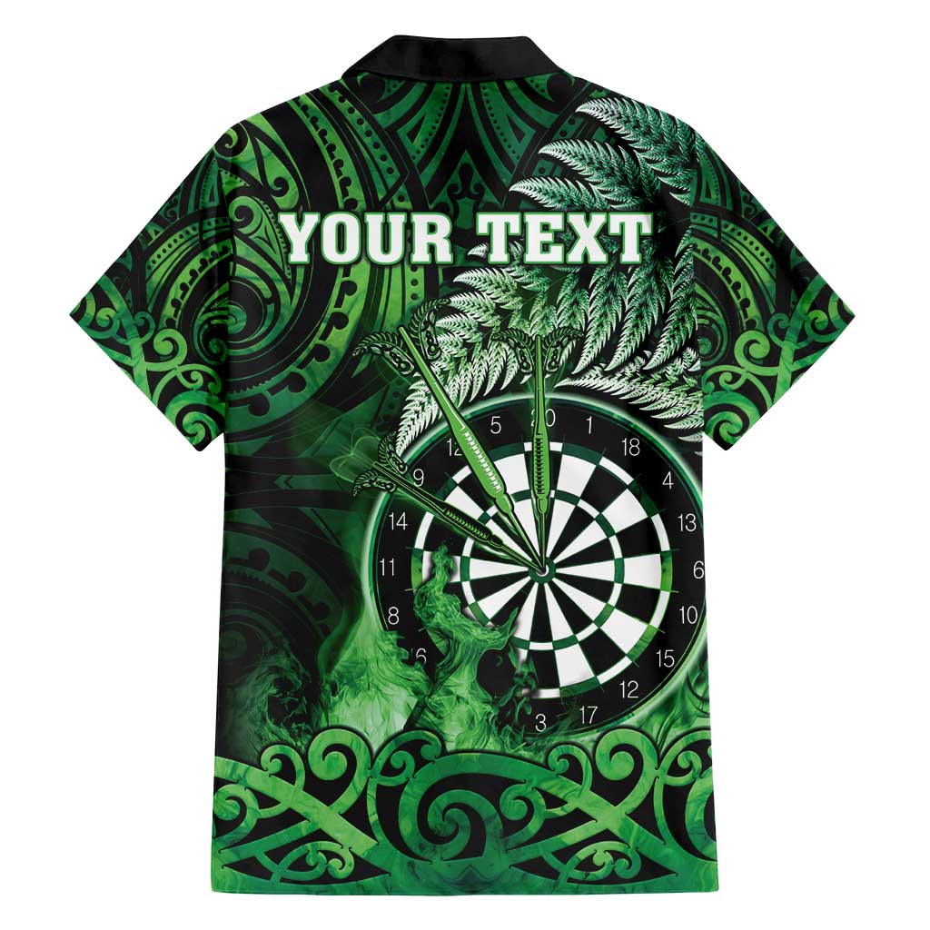 Personalised New Zealand Darts Family Matching Long Sleeve Bodycon Dress and Hawaiian Shirt Maori Koru Dartboard Green Flame