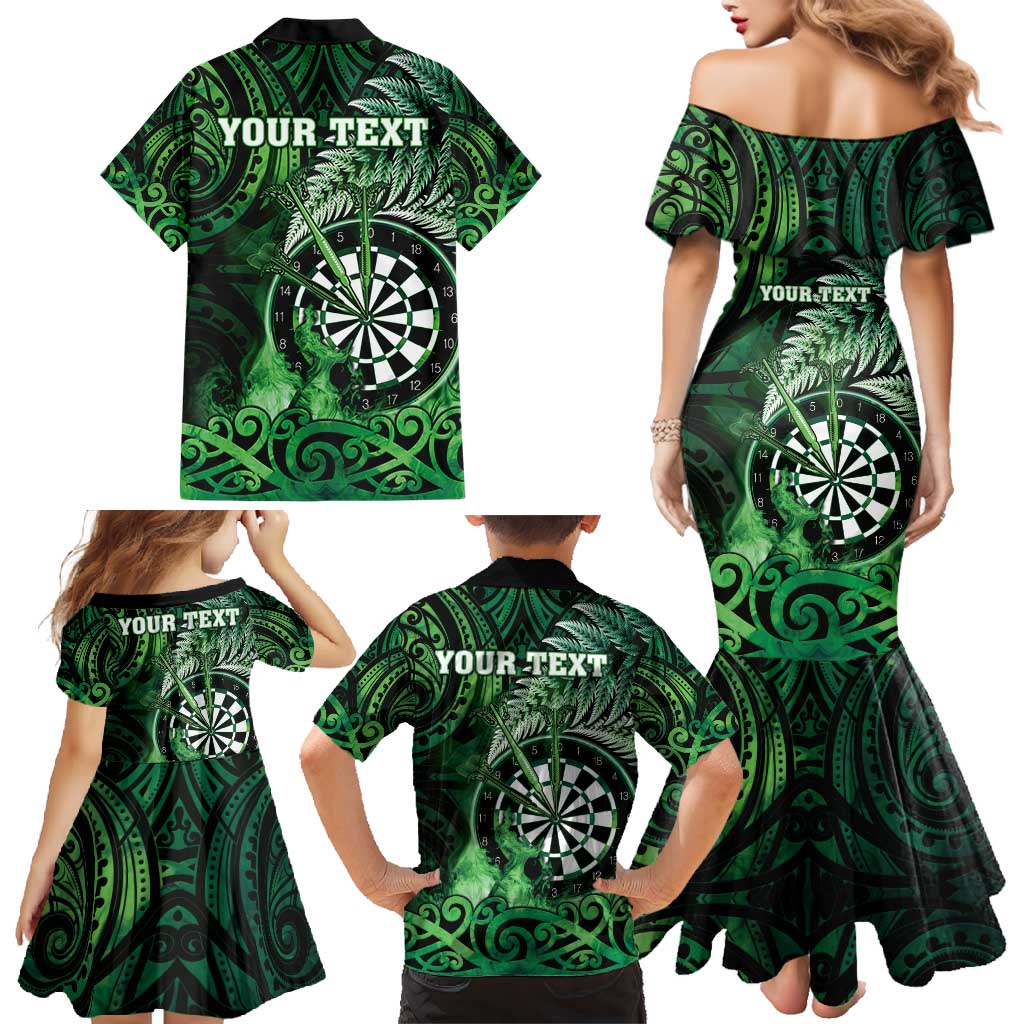 Personalised New Zealand Darts Family Matching Mermaid Dress and Hawaiian Shirt Maori Koru Dartboard Green Flame