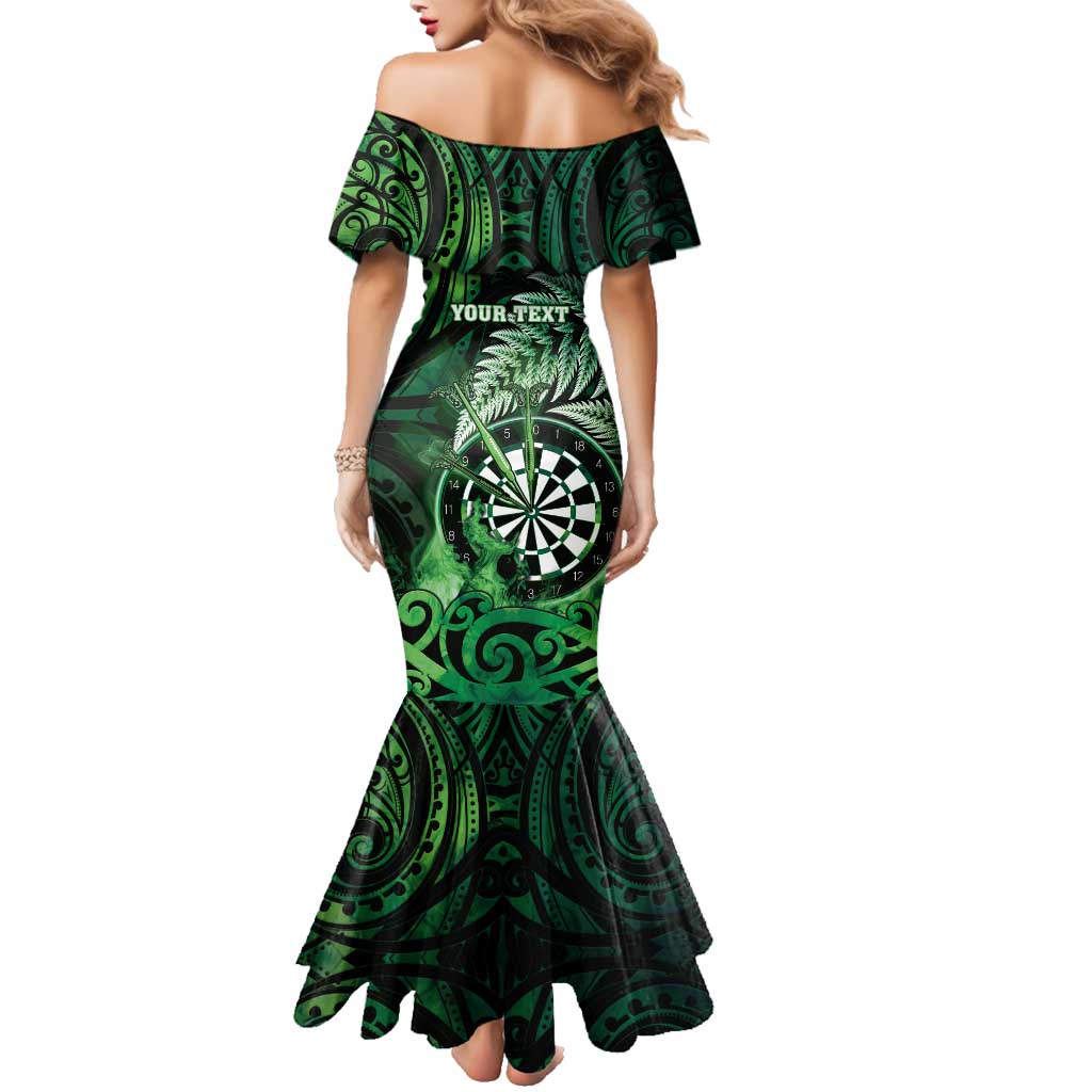 Personalised New Zealand Darts Family Matching Mermaid Dress and Hawaiian Shirt Maori Koru Dartboard Green Flame