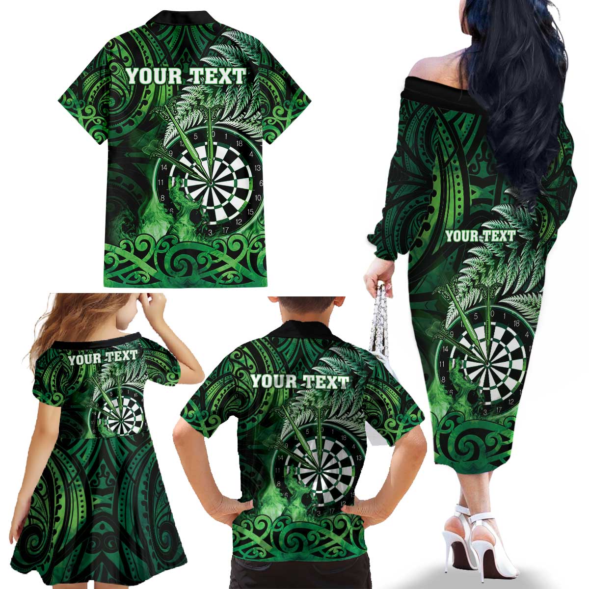 Personalised New Zealand Darts Family Matching Off The Shoulder Long Sleeve Dress and Hawaiian Shirt Maori Koru Dartboard Green Flame