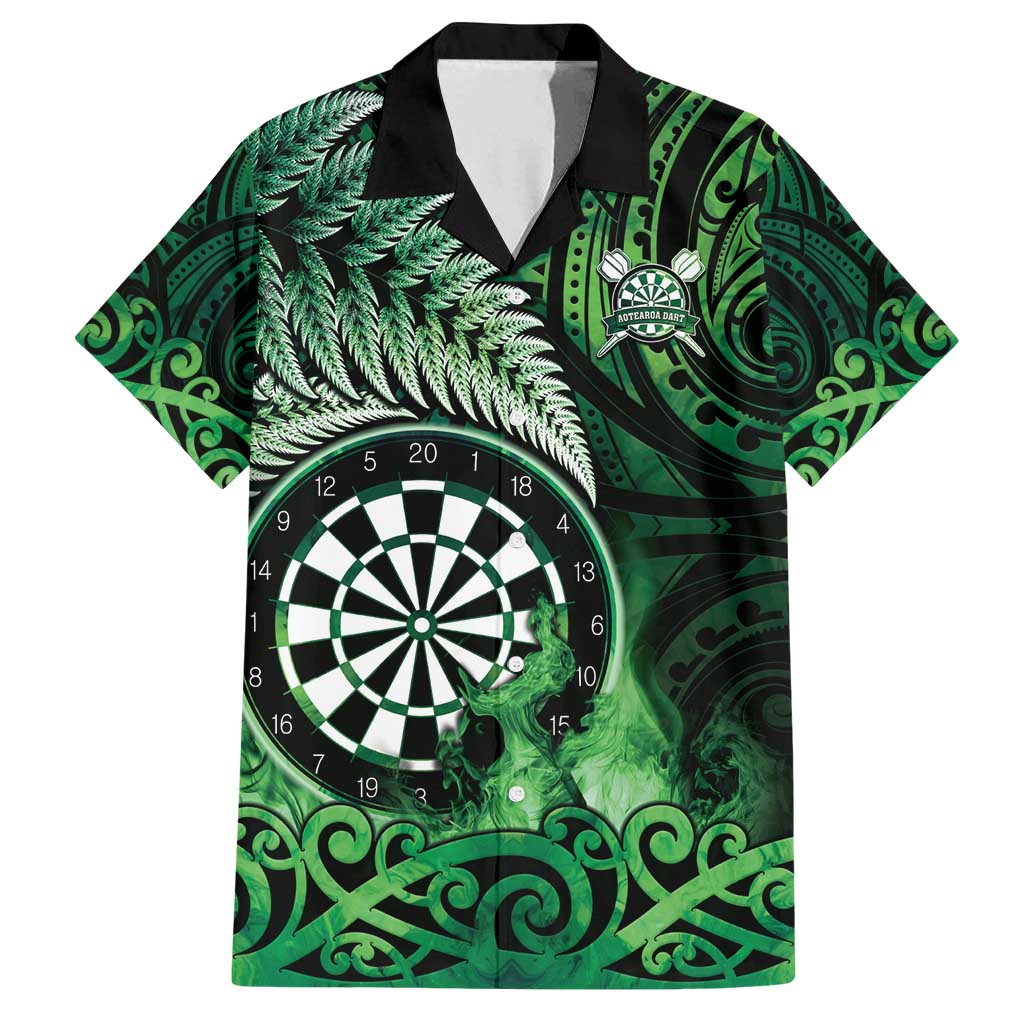 Personalised New Zealand Darts Family Matching Off Shoulder Maxi Dress and Hawaiian Shirt Maori Koru Dartboard Green Flame