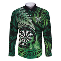 Personalised New Zealand Darts Family Matching Off Shoulder Maxi Dress and Hawaiian Shirt Maori Koru Dartboard Green Flame