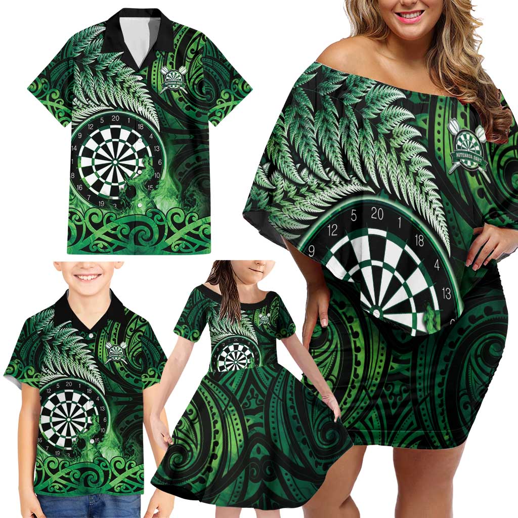 Personalised New Zealand Darts Family Matching Off Shoulder Short Dress and Hawaiian Shirt Maori Koru Dartboard Green Flame