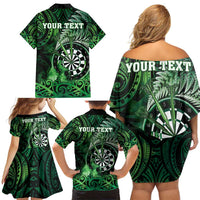 Personalised New Zealand Darts Family Matching Off Shoulder Short Dress and Hawaiian Shirt Maori Koru Dartboard Green Flame