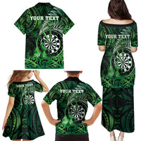 Personalised New Zealand Darts Family Matching Puletasi and Hawaiian Shirt Maori Koru Dartboard Green Flame