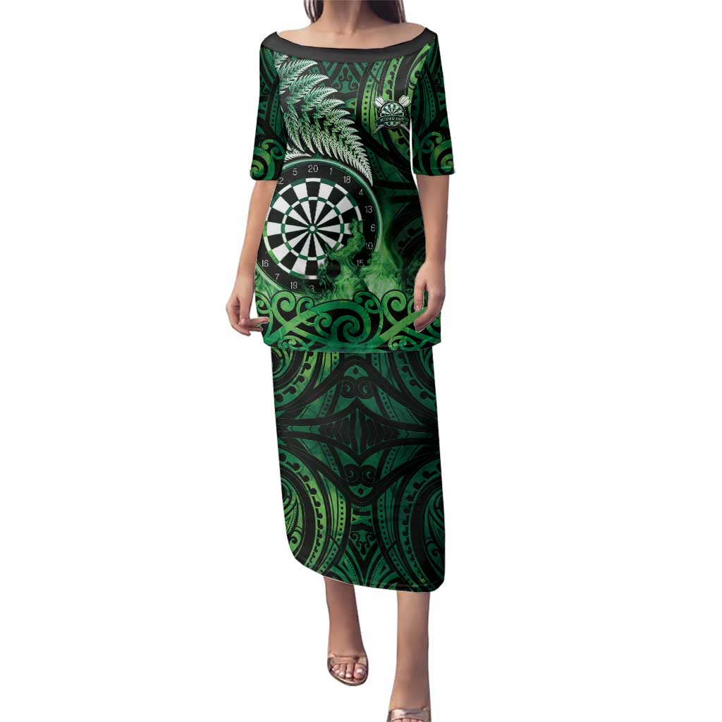 Personalised New Zealand Darts Family Matching Puletasi and Hawaiian Shirt Maori Koru Dartboard Green Flame