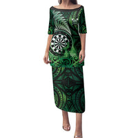 Personalised New Zealand Darts Family Matching Puletasi and Hawaiian Shirt Maori Koru Dartboard Green Flame