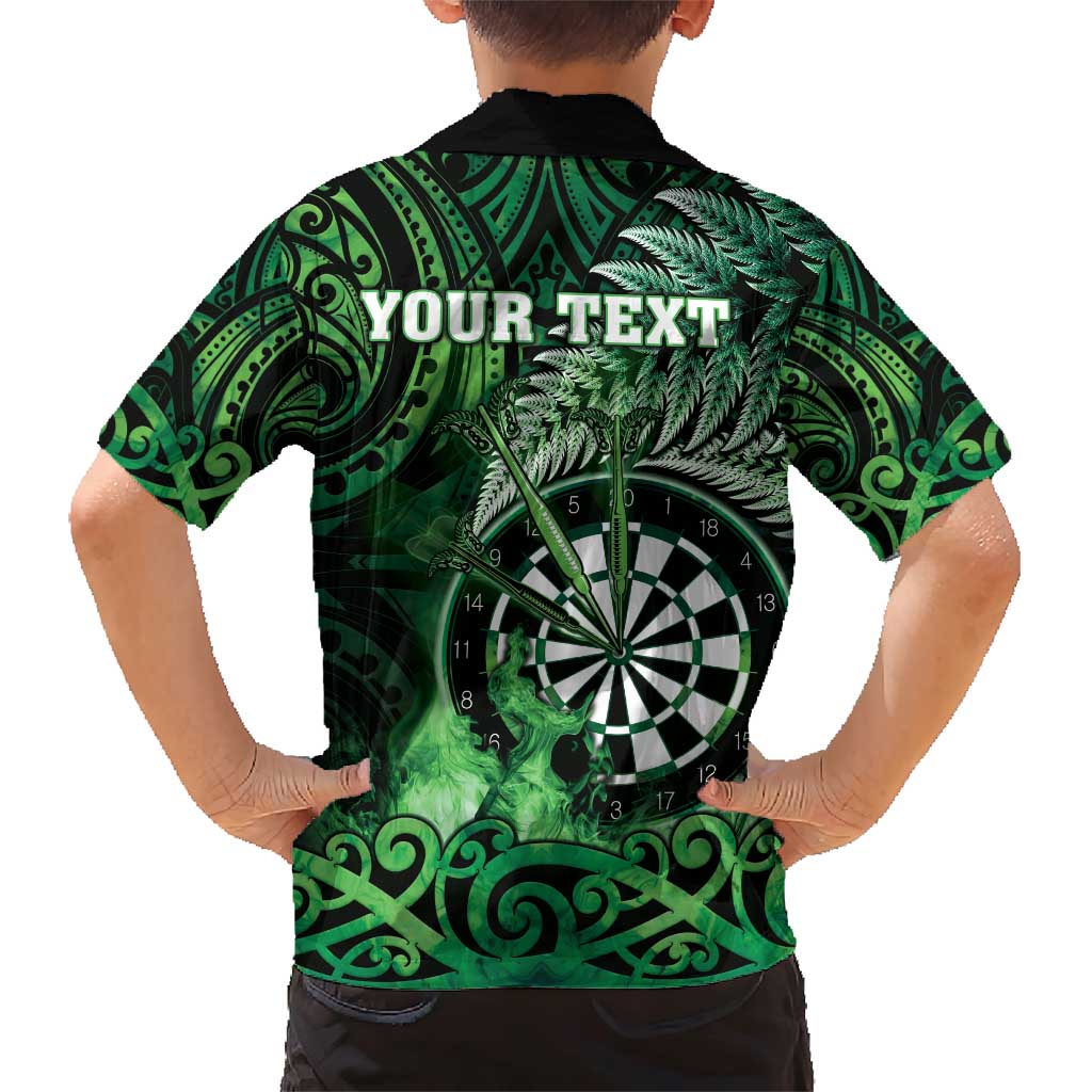 Personalised New Zealand Darts Family Matching Short Sleeve Bodycon Dress and Hawaiian Shirt Maori Koru Dartboard Green Flame