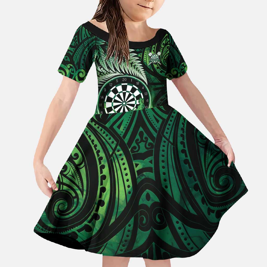 Personalised New Zealand Darts Family Matching Short Sleeve Bodycon Dress and Hawaiian Shirt Maori Koru Dartboard Green Flame