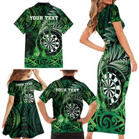 Personalised New Zealand Darts Family Matching Short Sleeve Bodycon Dress and Hawaiian Shirt Maori Koru Dartboard Green Flame