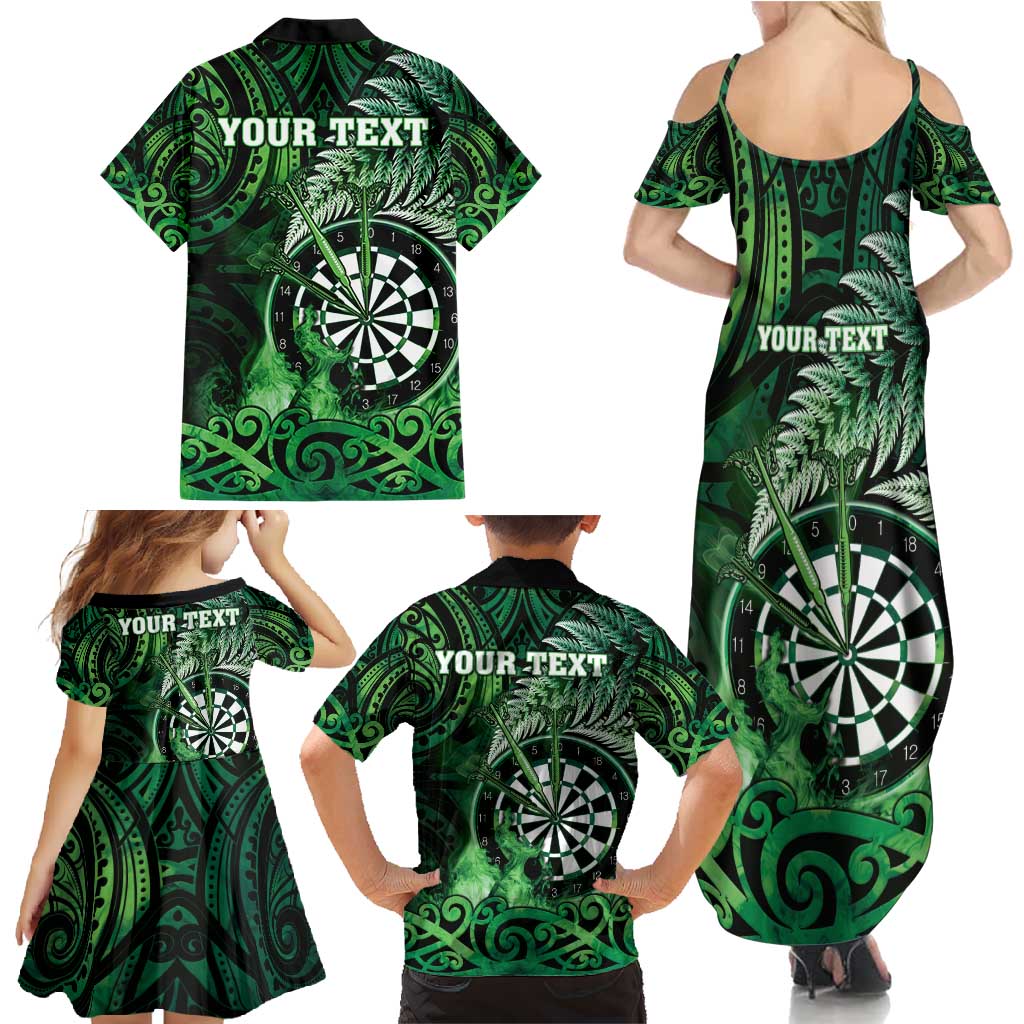 Personalised New Zealand Darts Family Matching Summer Maxi Dress and Hawaiian Shirt Maori Koru Dartboard Green Flame