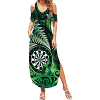 Personalised New Zealand Darts Family Matching Summer Maxi Dress and Hawaiian Shirt Maori Koru Dartboard Green Flame