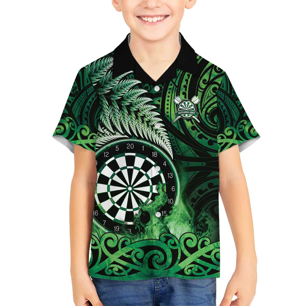 Personalised New Zealand Darts Family Matching Summer Maxi Dress and Hawaiian Shirt Maori Koru Dartboard Green Flame