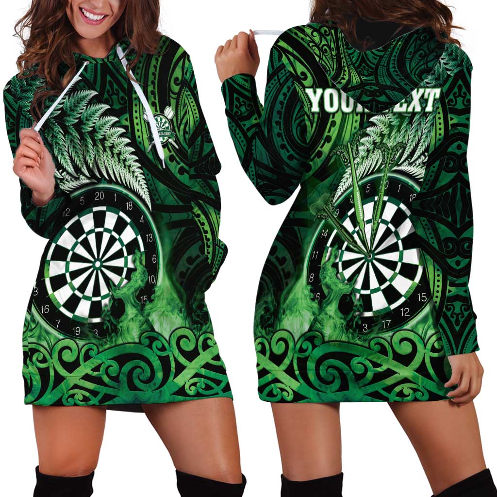 Personalised New Zealand Darts Hoodie Dress Maori Koru Dartboard Green Flame
