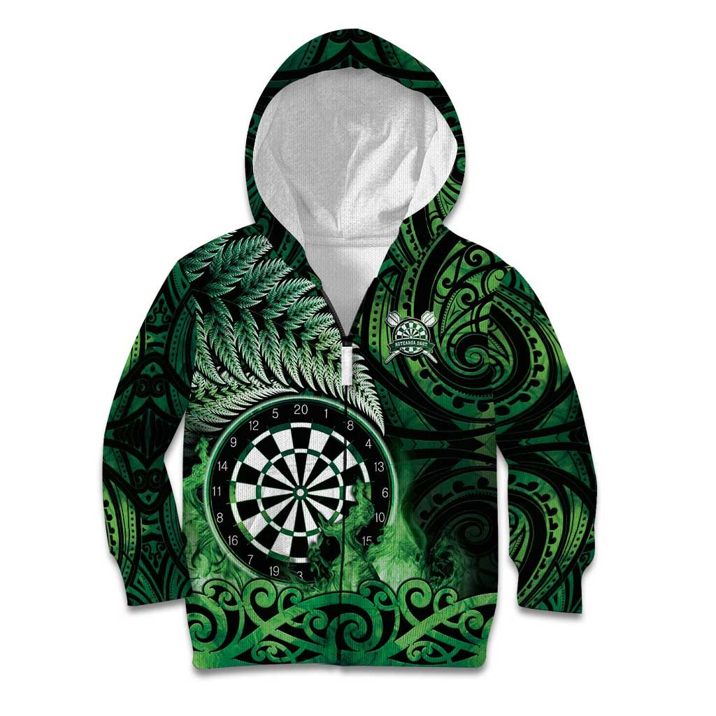 Personalised New Zealand Darts Kid Hoodie Maori Koru Dartboard Green Flame