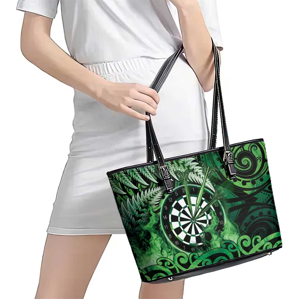 New Zealand Darts Leather Tote Bag Maori Koru Dartboard Green Flame
